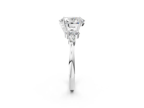White gold Oval Cut Brilliant Diamond Solitaire Ring with Pear Side Stones and Four-Prong Setting