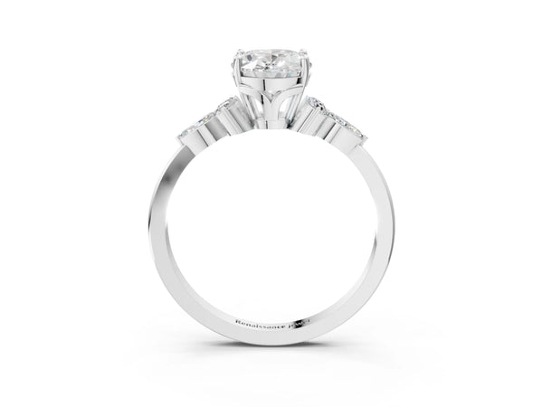 White gold Oval Cut Brilliant Diamond Solitaire Ring with Pear Side Stones and Four-Prong Setting