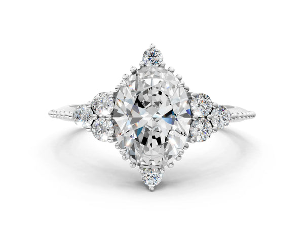 White gold Round Brilliant Diamond with Cluster Setting on a Beaded Band and Four-Prong Setting