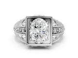 White gold Oval Cut Brilliant Milgrain Filigree Diamond Ring with Square Prong Setting_131