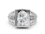 White gold Oval Cut Brilliant Milgrain Filigree Diamond Ring with Square Prong Setting_137