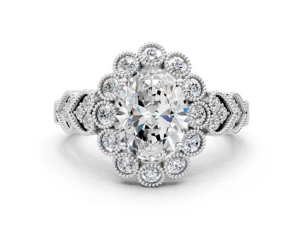 White gold Round Brilliant Milgrain Pave Heart Band Solitaire Ring