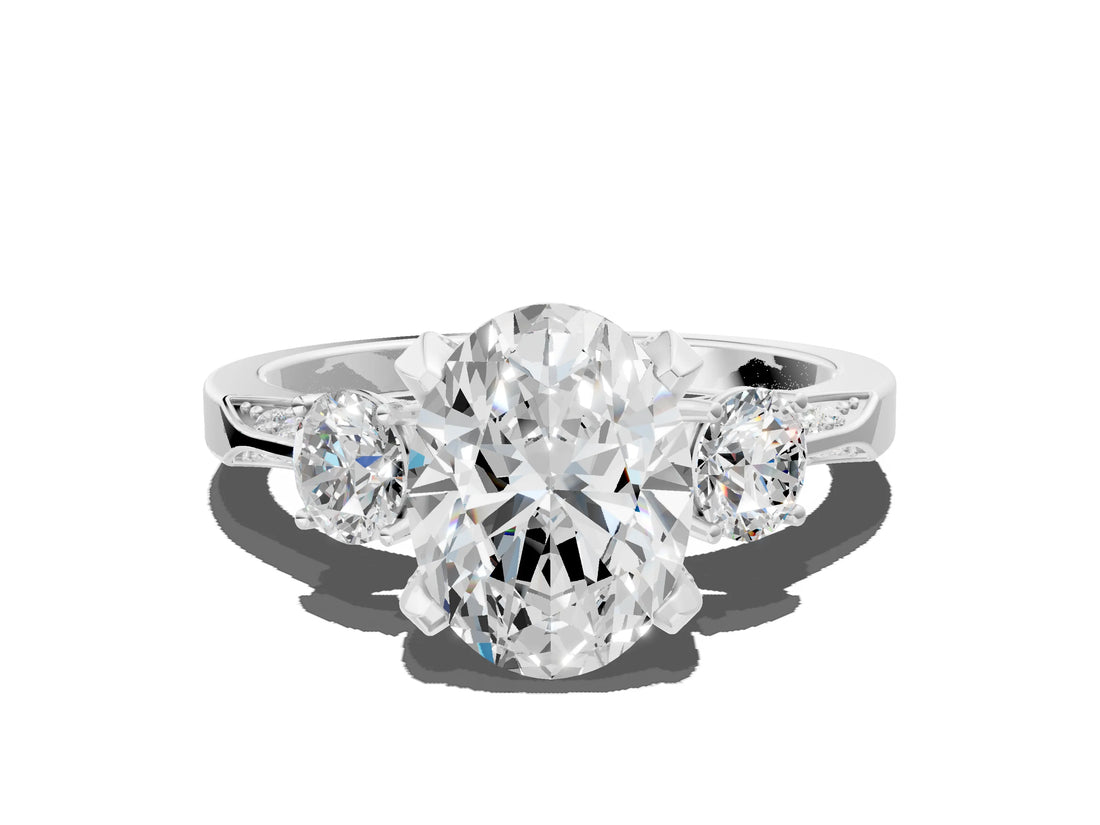White gold Oval Cut Brilliant Three-Stone Diamond Ring with Pavé Band and Four-Prong Setting_7
