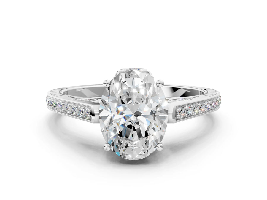 White gold Oval Cut Cathedral Pave Diamond Engagement Ring with Six-Prong Setting