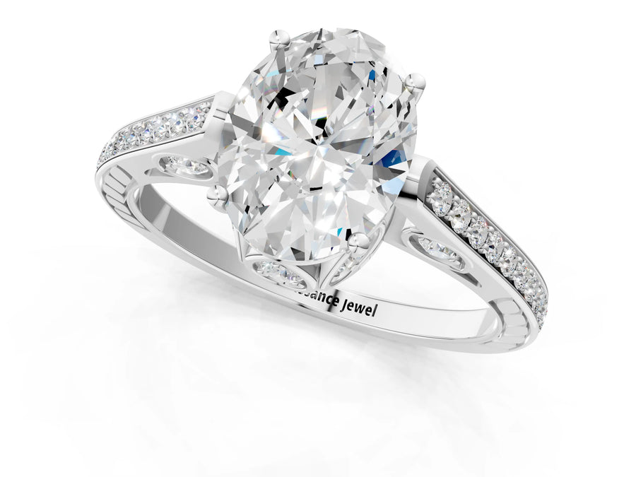 White gold Oval Cut Cathedral Pave Diamond Engagement Ring with Six-Prong Setting
