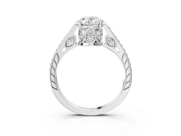 White gold Oval Cut Cathedral Pave Diamond Engagement Ring with Six-Prong Setting