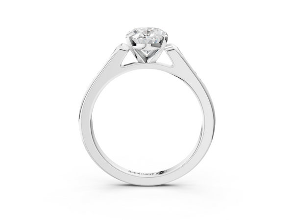 White Gold Oval Solitaire Engagement Ring Setting with Tapered Channel Set Round Accents