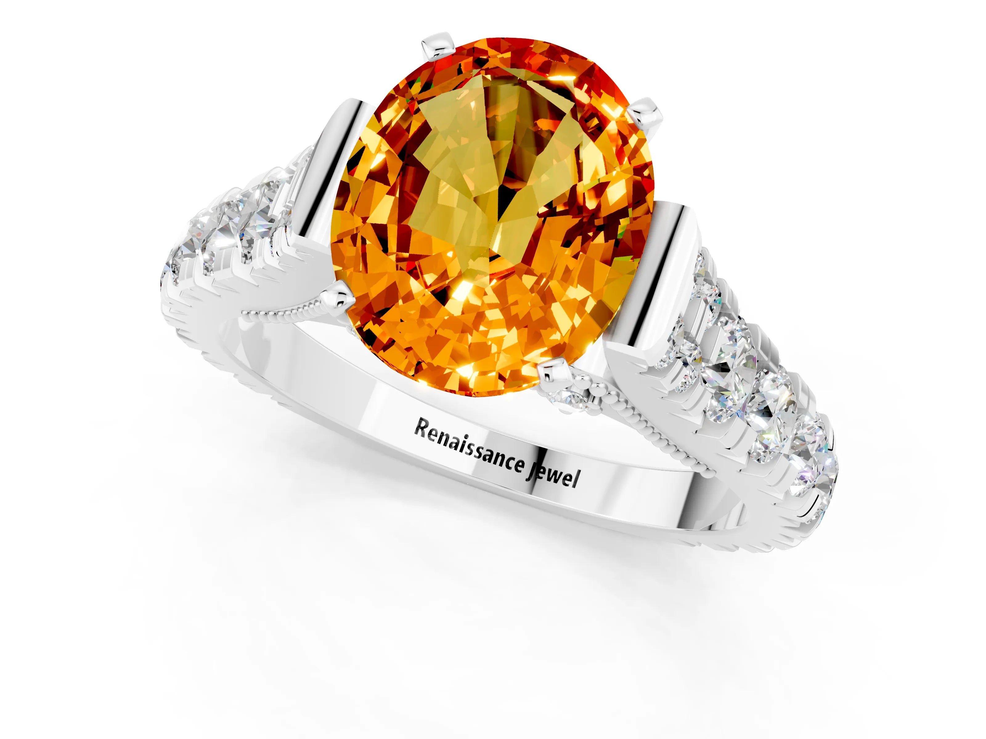 White gold Oval Cut Citrine Classic Solitaire Ring with Pavé Band and Four-Prong Setting_1