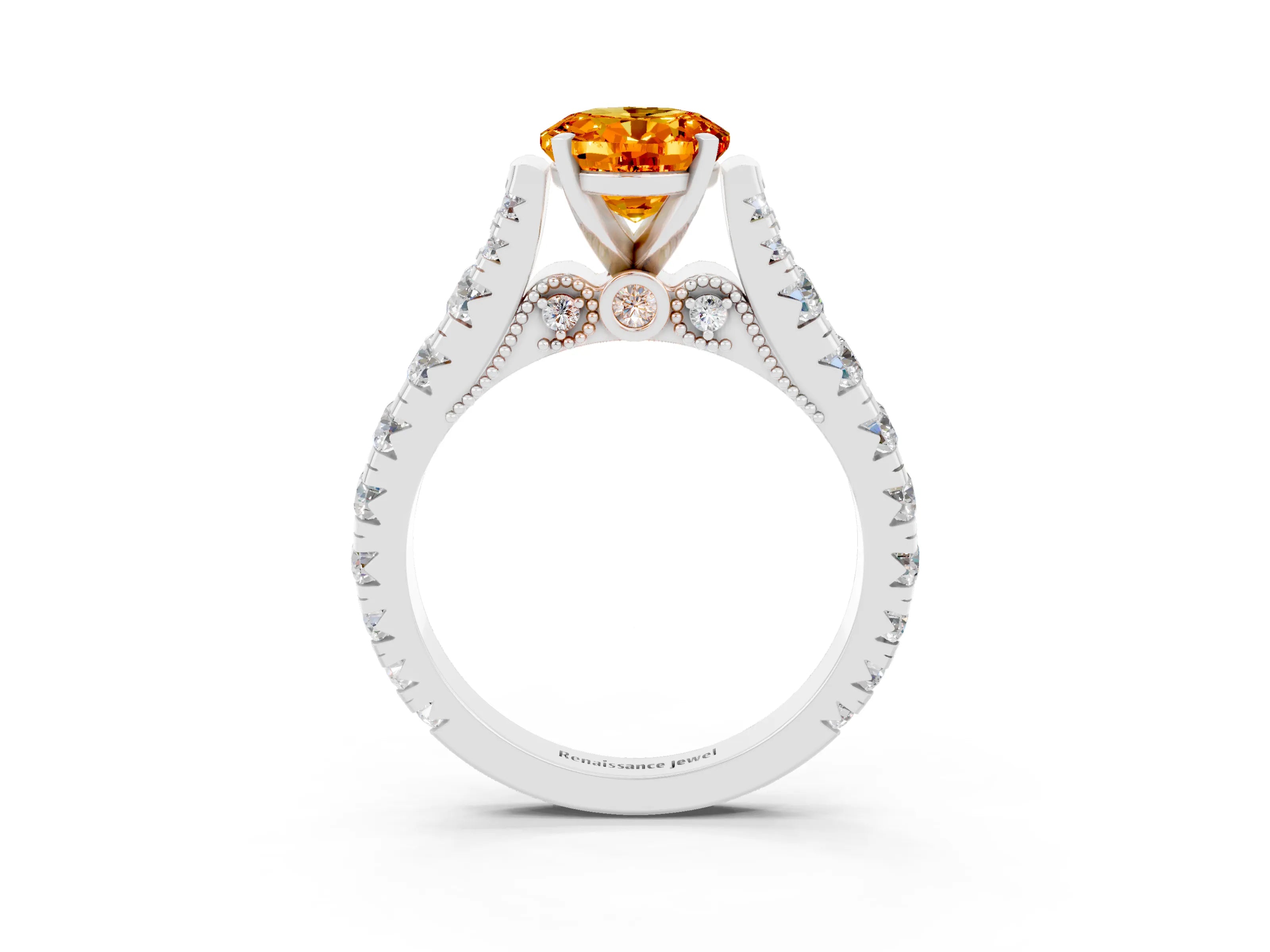 White gold Oval Cut Citrine Classic Solitaire Ring with Pavé Band and Four-Prong Setting_3