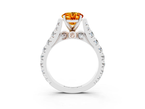 Silver Oval Cut Citrine Classic Solitaire Ring with Pavé Band and Four-Prong Setting