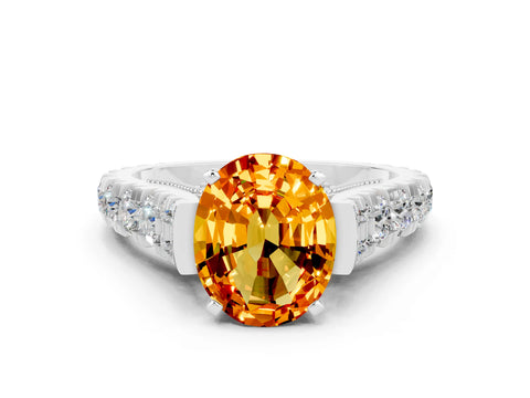 White gold Oval Cut Citrine Classic Solitaire Ring with Pavé Band and Four-Prong Setting