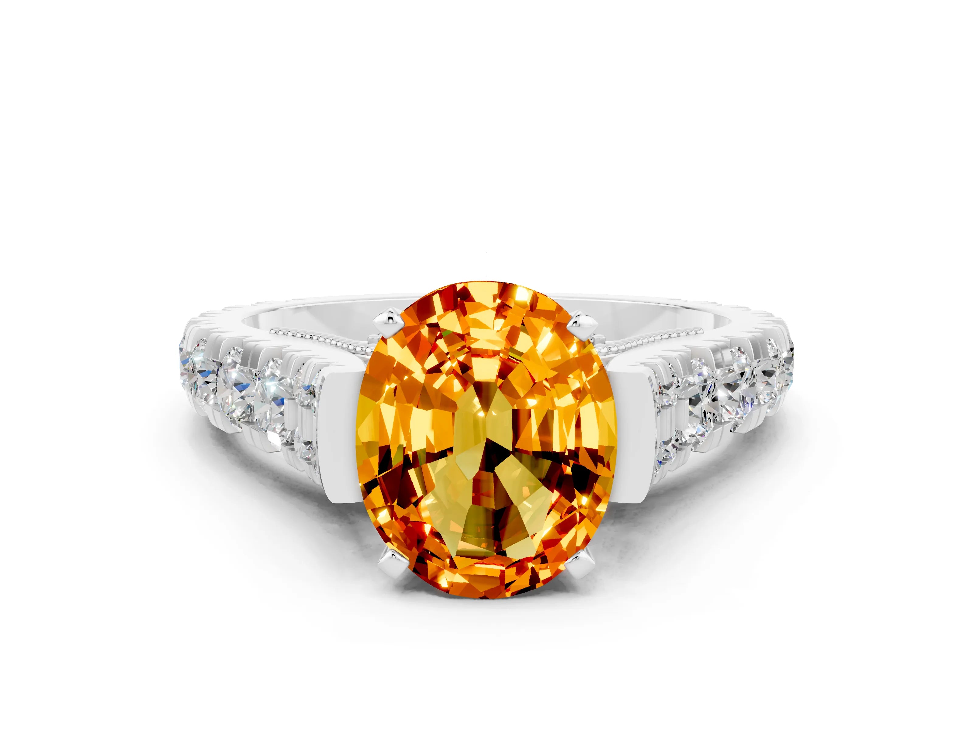 White gold Oval Cut Citrine Classic Solitaire Ring with Pavé Band and Four-Prong Setting