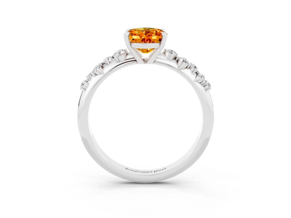 Platinum Oval Cut Citrine Cluster Side Stone Solitaire Ring with Prong Setting