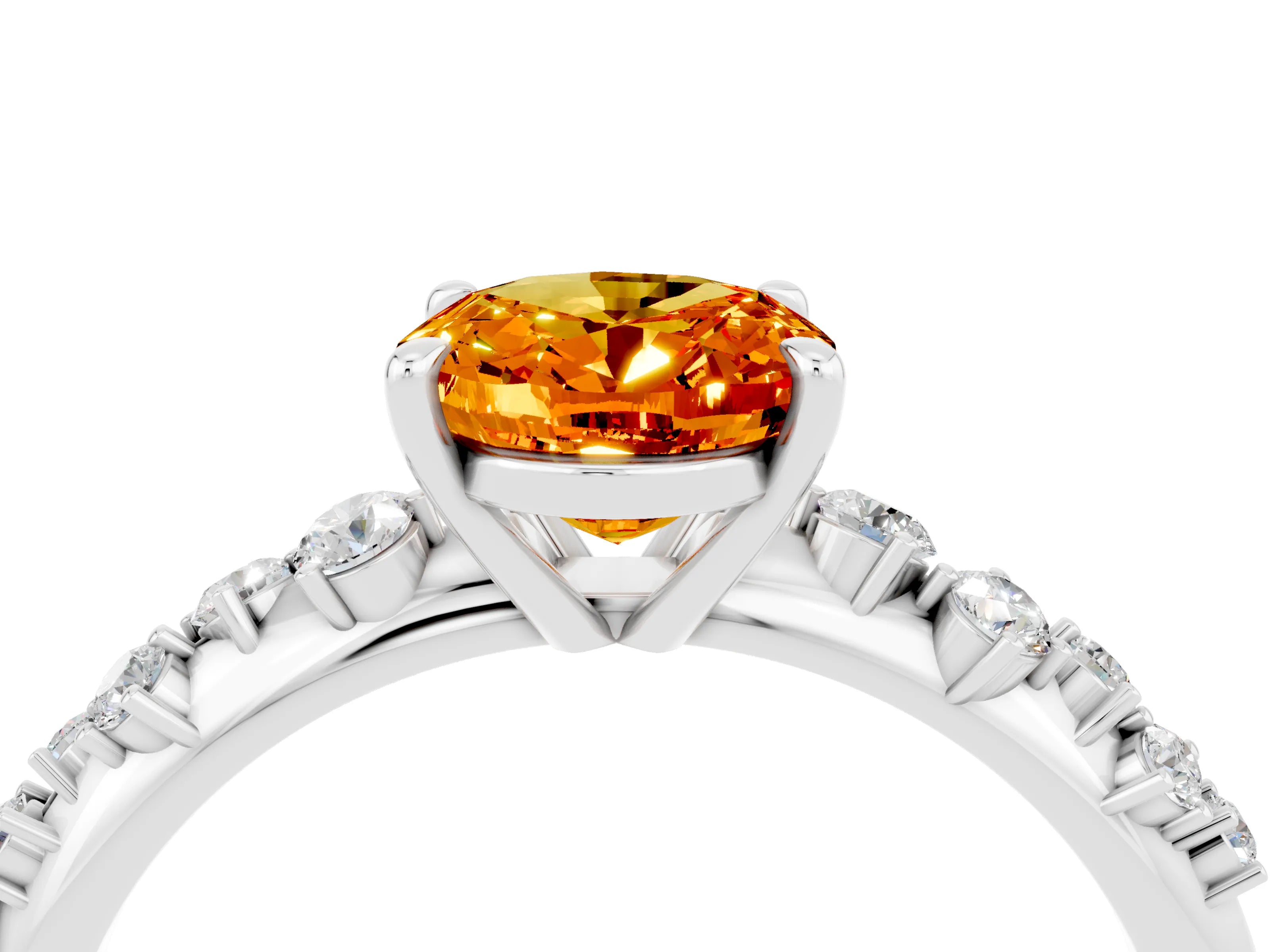 White gold Oval Cut Citrine Cluster Side Stone Solitaire Ring with Prong Setting_28