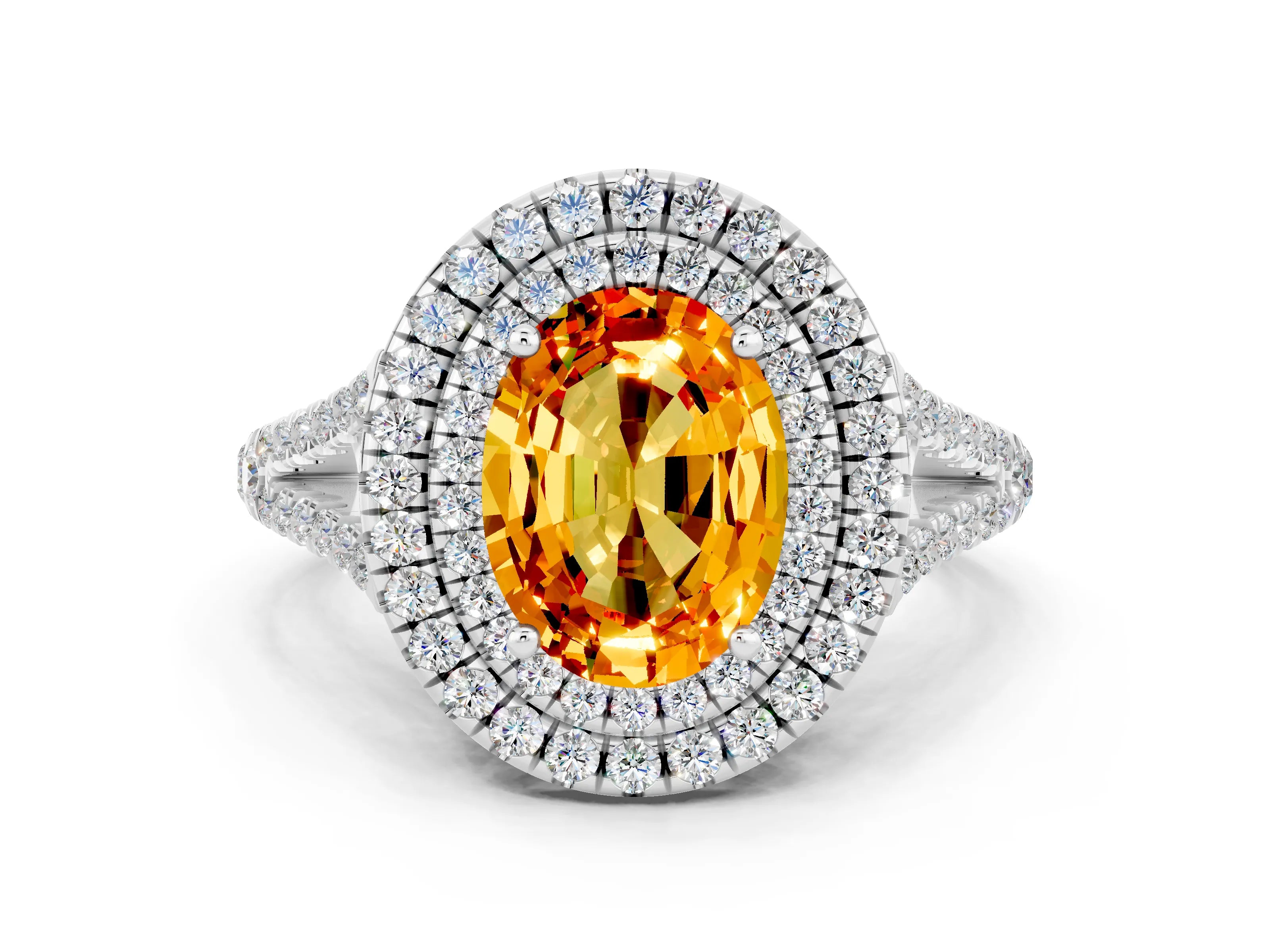White gold Oval Cut Citrine Double Halo Ring with Pavé Band and Prong Setting_12