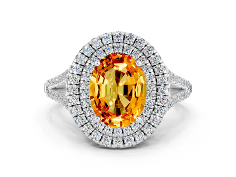 White gold Oval Cut Citrine Double Halo Ring with Pavé Band and Prong Setting_12