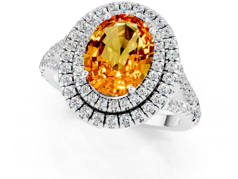 White gold Oval Cut Citrine Double Halo Ring with Pavé Band and Prong Setting_13