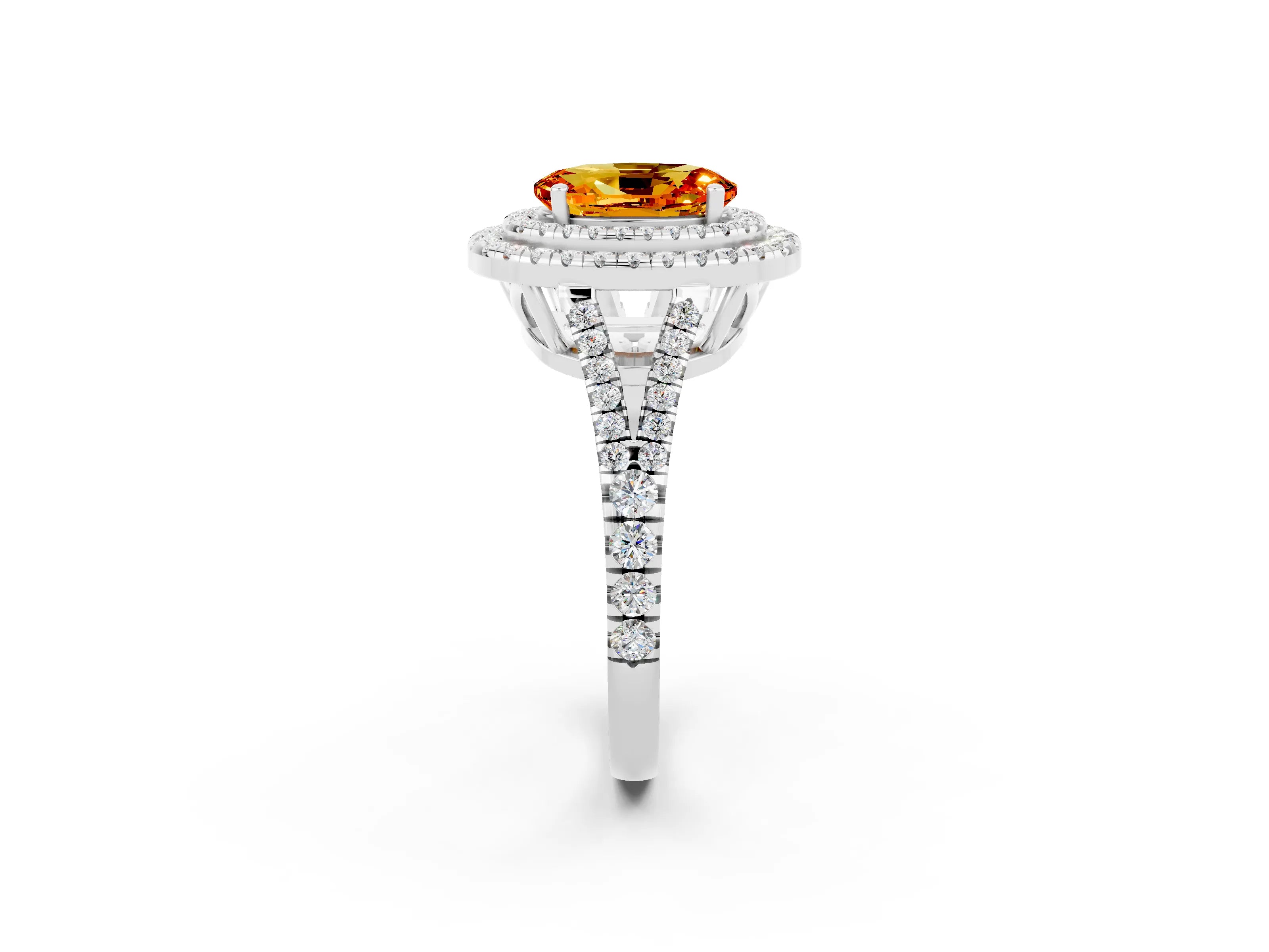 White gold Oval Cut Citrine Double Halo Ring with Pavé Band and Prong Setting_14