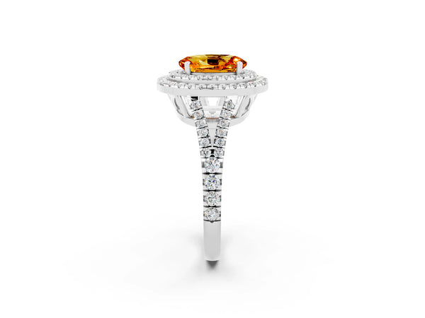 Silver Oval Cut Citrine Double Halo Ring with Pavé Band and Prong Setting