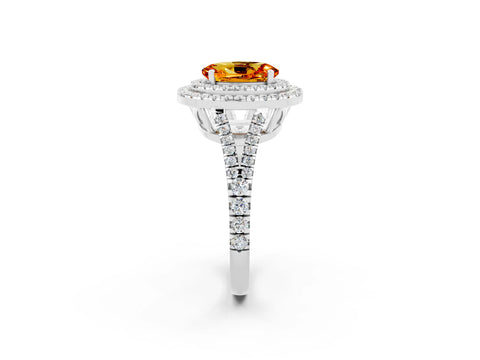 White gold Oval Cut Citrine Double Halo Ring with Pavé Band and Prong Setting_14