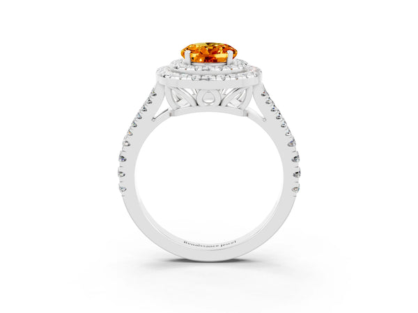 White gold Oval Cut Citrine Double Halo Ring with Pavé Band and Prong Setting
