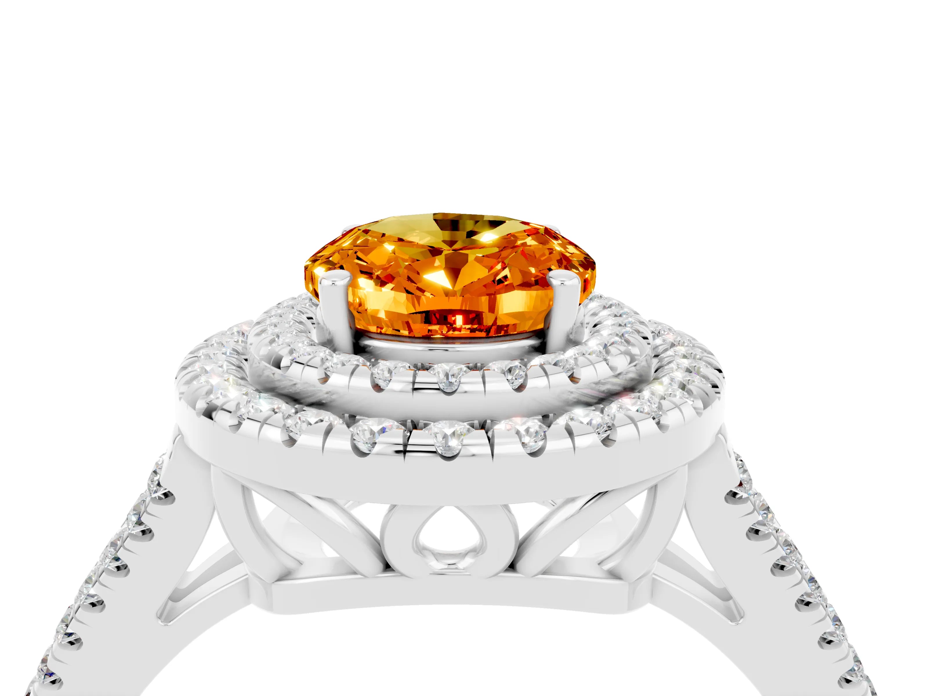 White gold Oval Cut Citrine Double Halo Ring with Pavé Band and Prong Setting_16