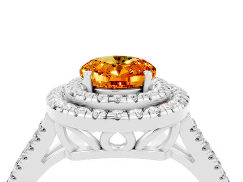 White gold Oval Cut Citrine Double Halo Ring with Pavé Band and Prong Setting_16