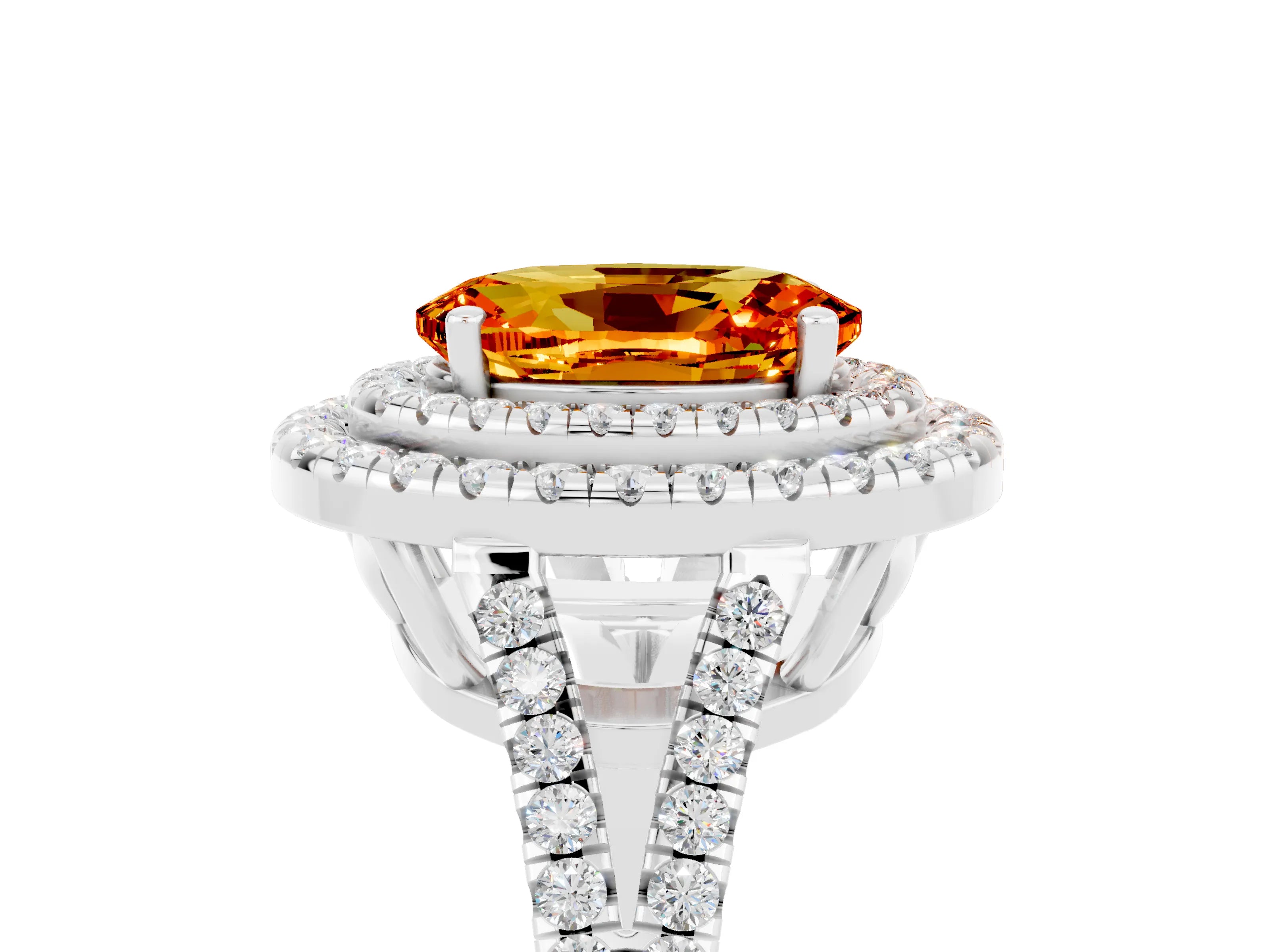 White gold Oval Cut Citrine Double Halo Ring with Pavé Band and Prong Setting_17