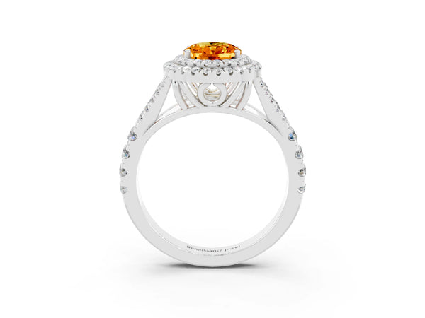 Silver Oval Cut Citrine Double Halo Ring with Split Shank and Prong Setting
