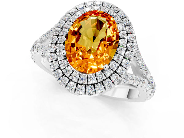 White gold Oval Cut Citrine Double Halo Ring with Split Shank and Prong Setting