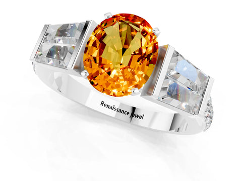 White gold Oval Cut Citrine Engagement Ring with Baguette Side Stones and Channel Set Band_1