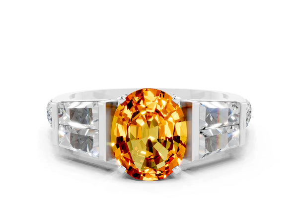 White gold Oval Cut Citrine Engagement Ring with Baguette Side Stones and Channel Set Band