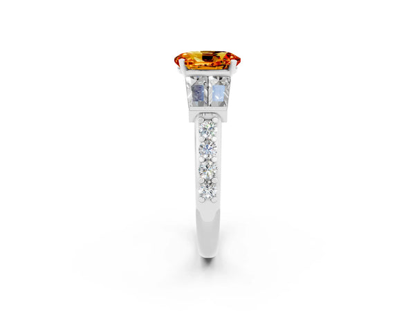 Silver Oval Cut Citrine Engagement Ring with Baguette Side Stones and Channel Set Band