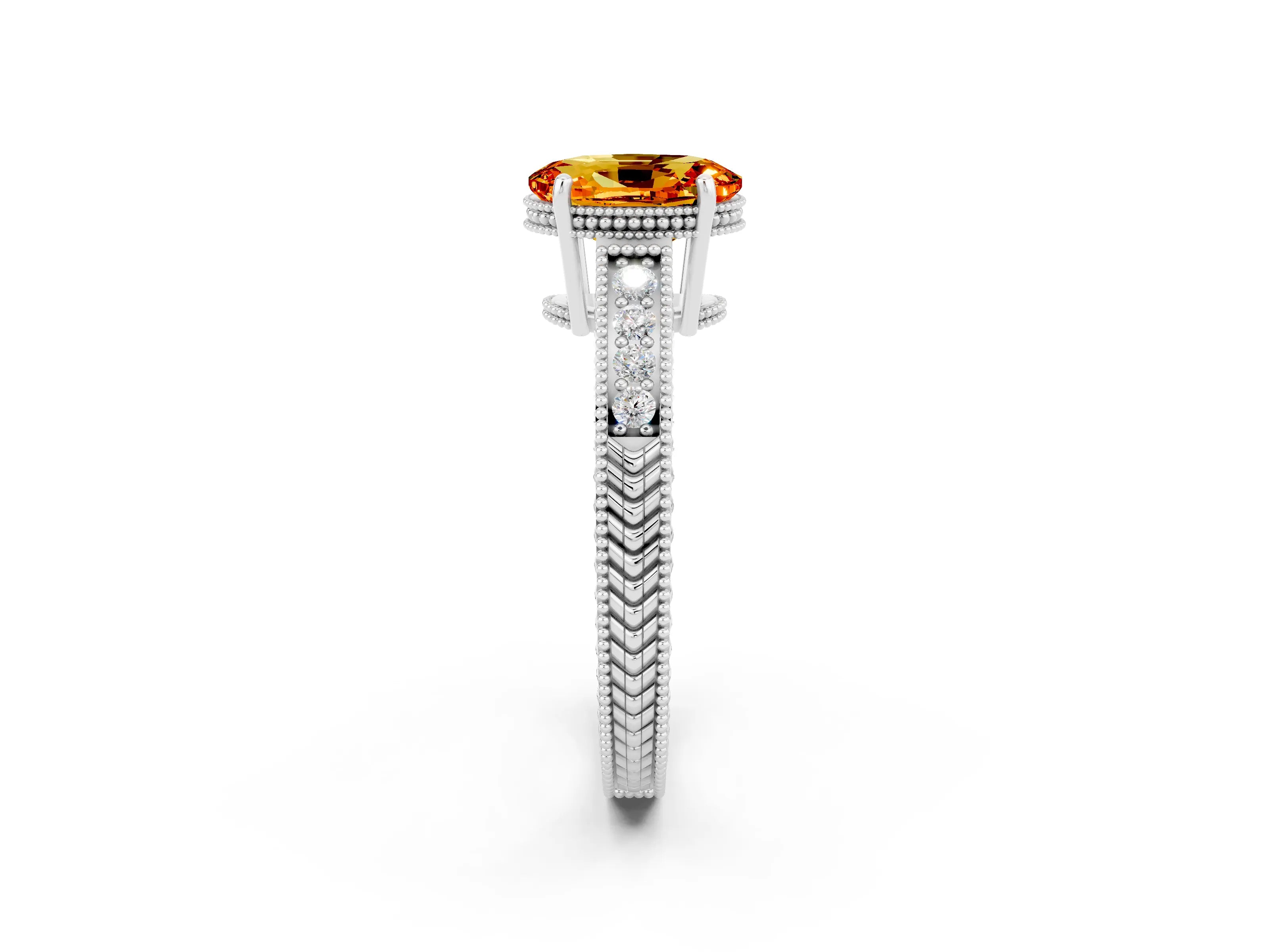 White gold Oval Cut Citrine Engagement Ring with Milgrain Channel Set Band and Prong Setting_2
