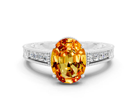 White gold Oval Cut Citrine Engagement Ring with Milgrain Channel Set Band and Prong Setting