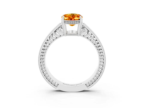 White gold Oval Cut Citrine Engagement Ring with Milgrain Channel Set Band and Prong Setting_3