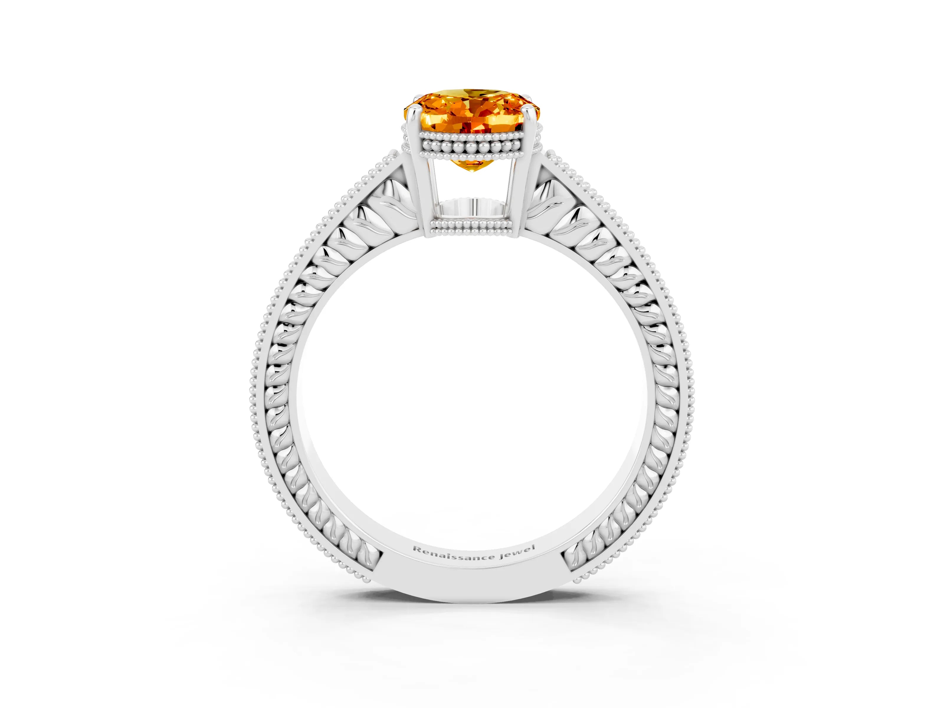 White gold Oval Cut Citrine Engagement Ring with Milgrain Channel Set Band and Prong Setting_3