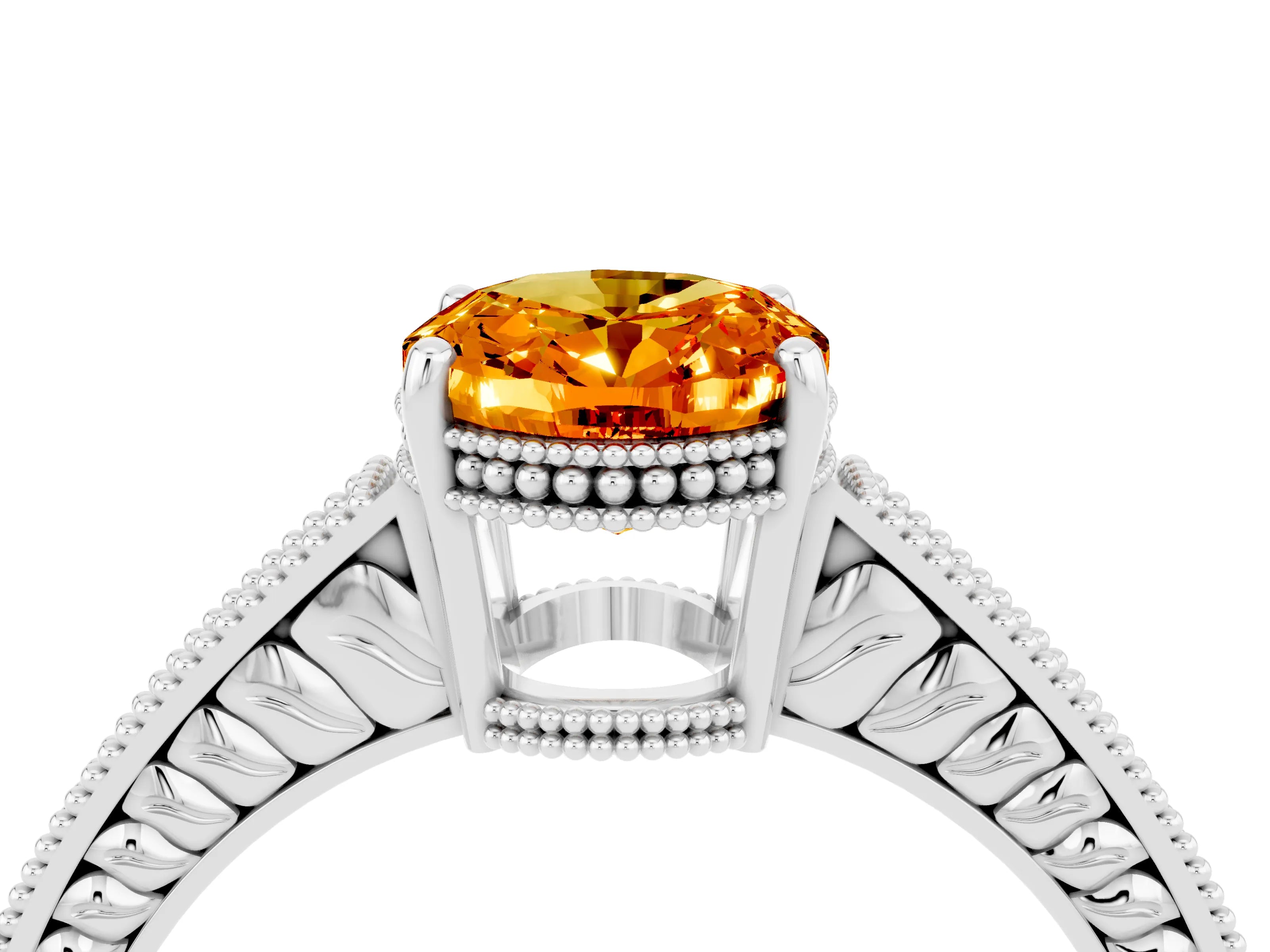 White gold Oval Cut Citrine Engagement Ring with Milgrain Channel Set Band and Prong Setting_4