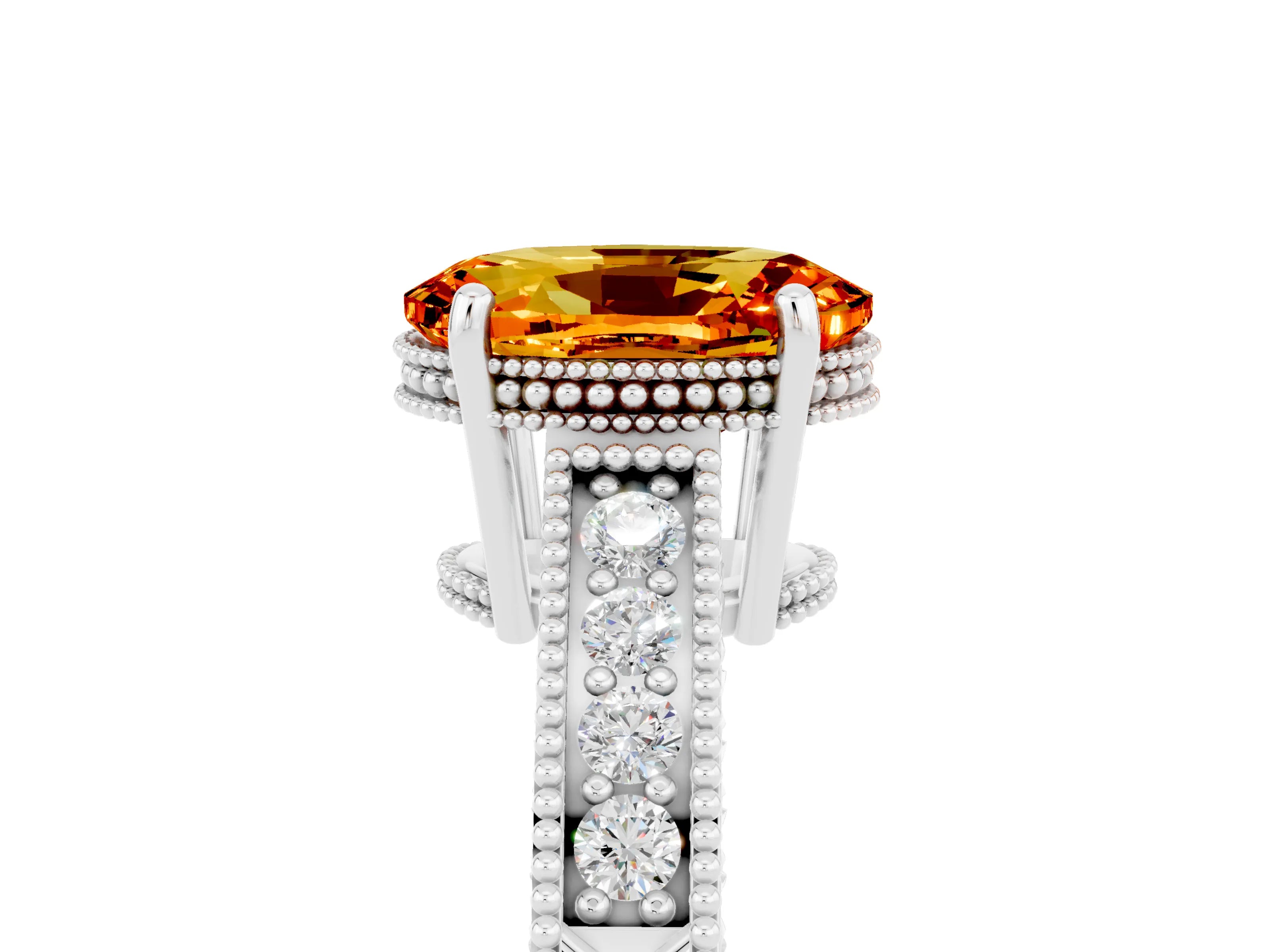 White gold Oval Cut Citrine Engagement Ring with Milgrain Channel Set Band and Prong Setting_5