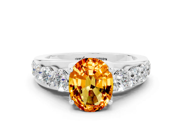 Platinum Oval Cut Citrine Engagement Ring with Pavé Band and Four-Prong Setting