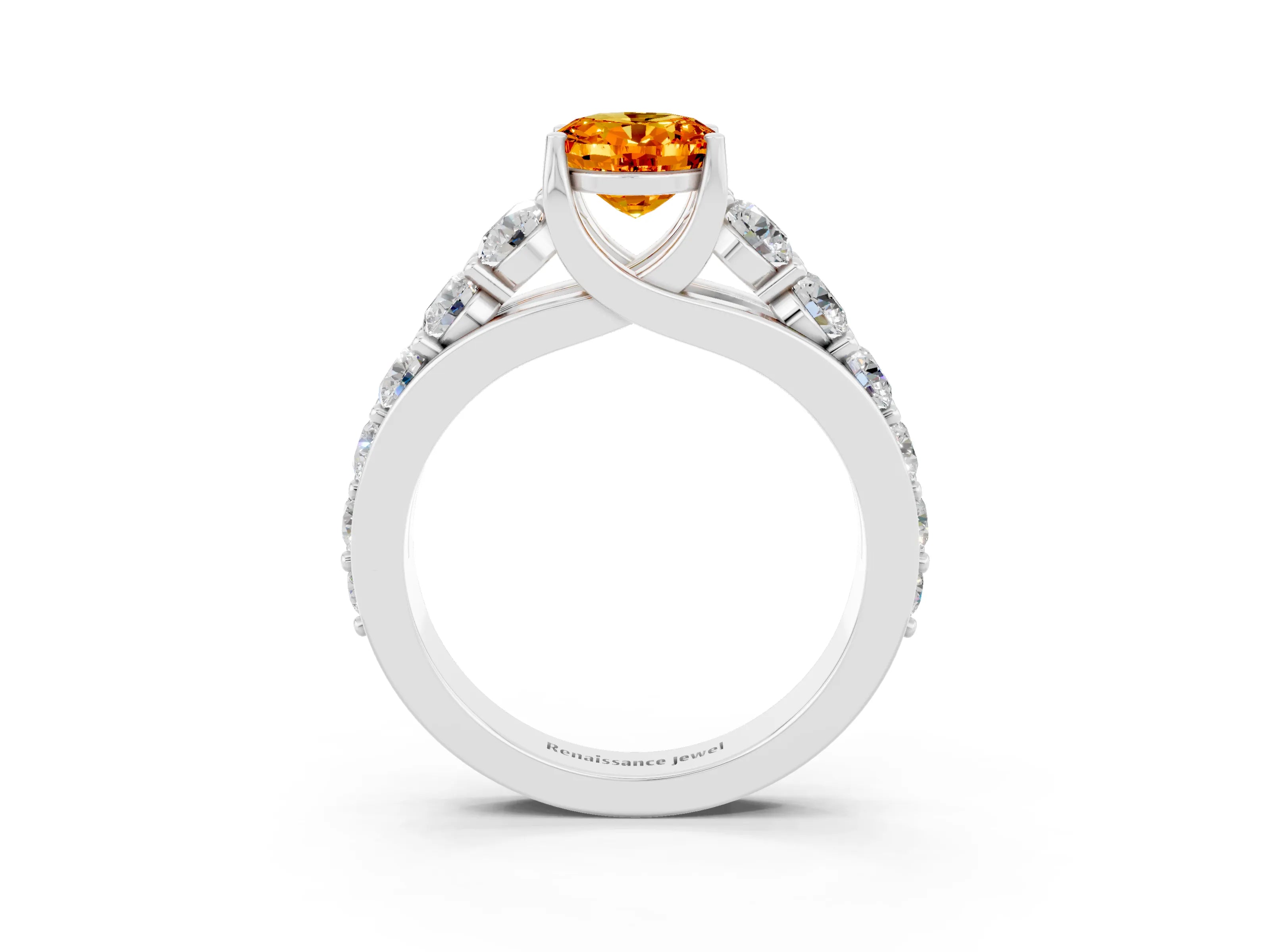 White gold Oval Cut Citrine Engagement Ring with Pavé Band and Four-Prong Setting_3