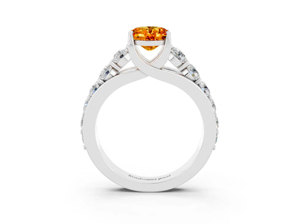 Silver Oval Cut Citrine Engagement Ring with Pavé Band and Four-Prong Setting
