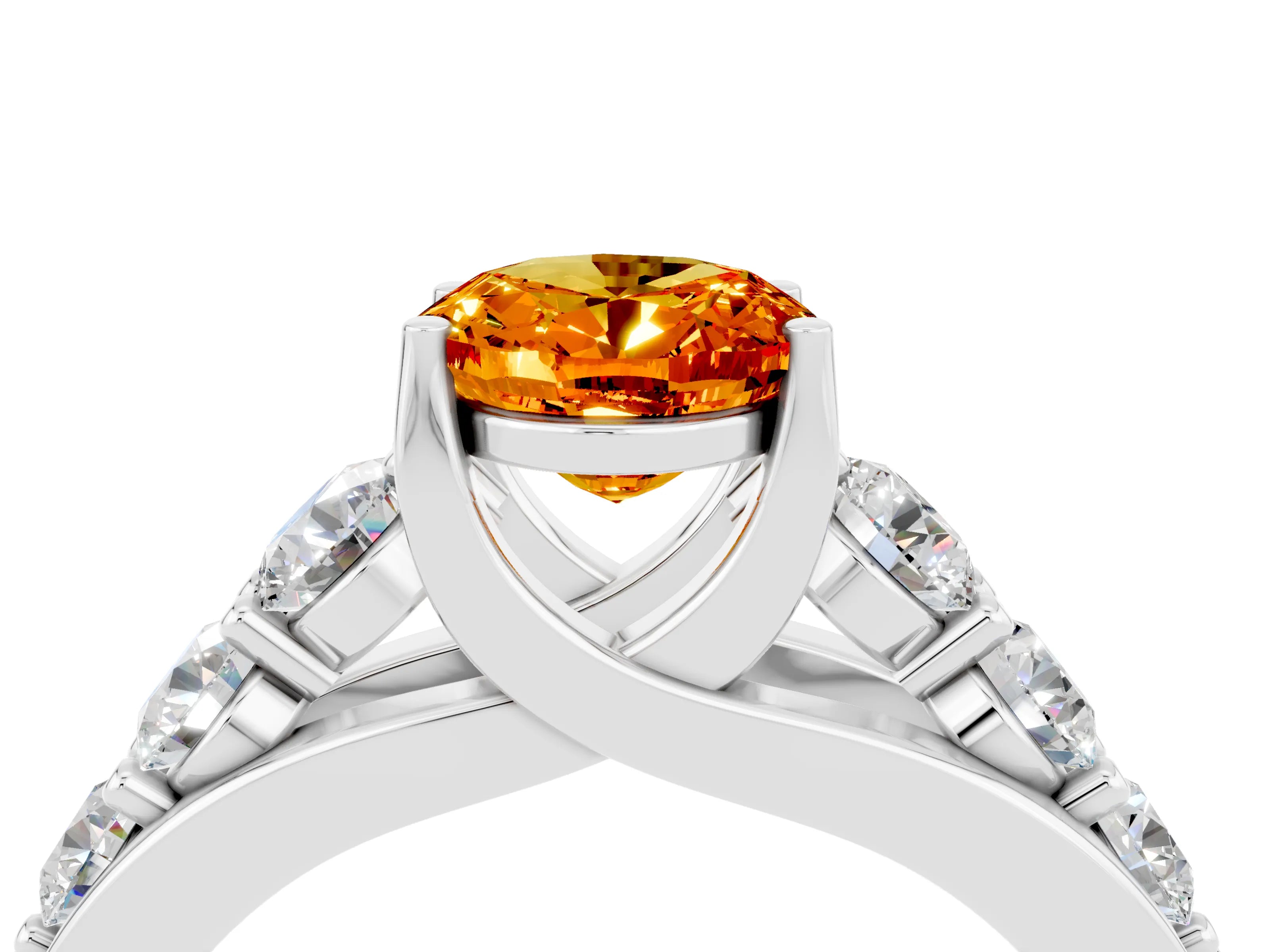 White gold Oval Cut Citrine Engagement Ring with Pavé Band and Four-Prong Setting_4