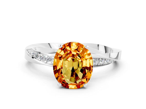 White gold Oval Cut Citrine Engagement Ring with Side Stone Accents and Four-Prong Setting