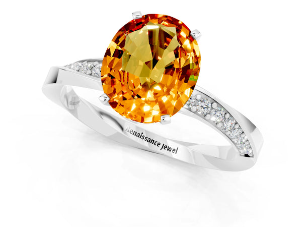 White gold Oval Cut Citrine Engagement Ring with Side Stone Accents and Four-Prong Setting