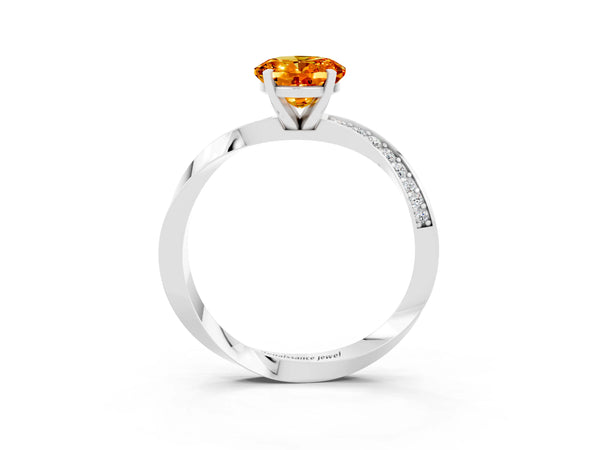 White gold Oval Cut Citrine Engagement Ring with Side Stone Accents and Four-Prong Setting