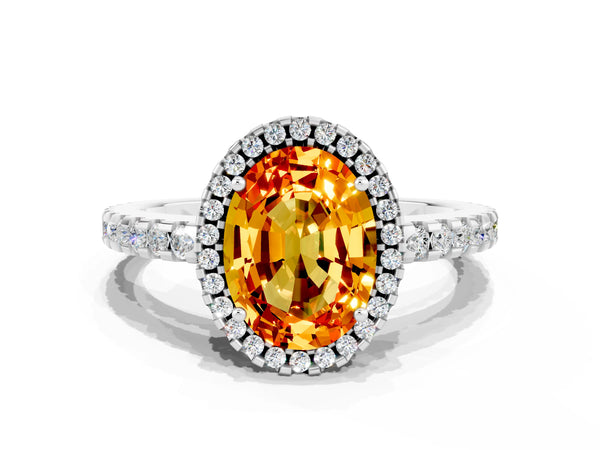 Platinum Oval Cut Citrine Halo Engagement Ring with Pavé Band and Prong Setting