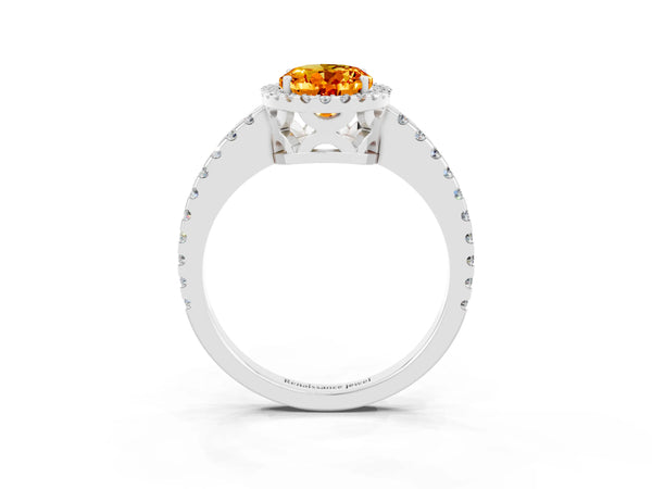Platinum Oval Cut Citrine Halo Engagement Ring with Pavé Band and Prong Setting