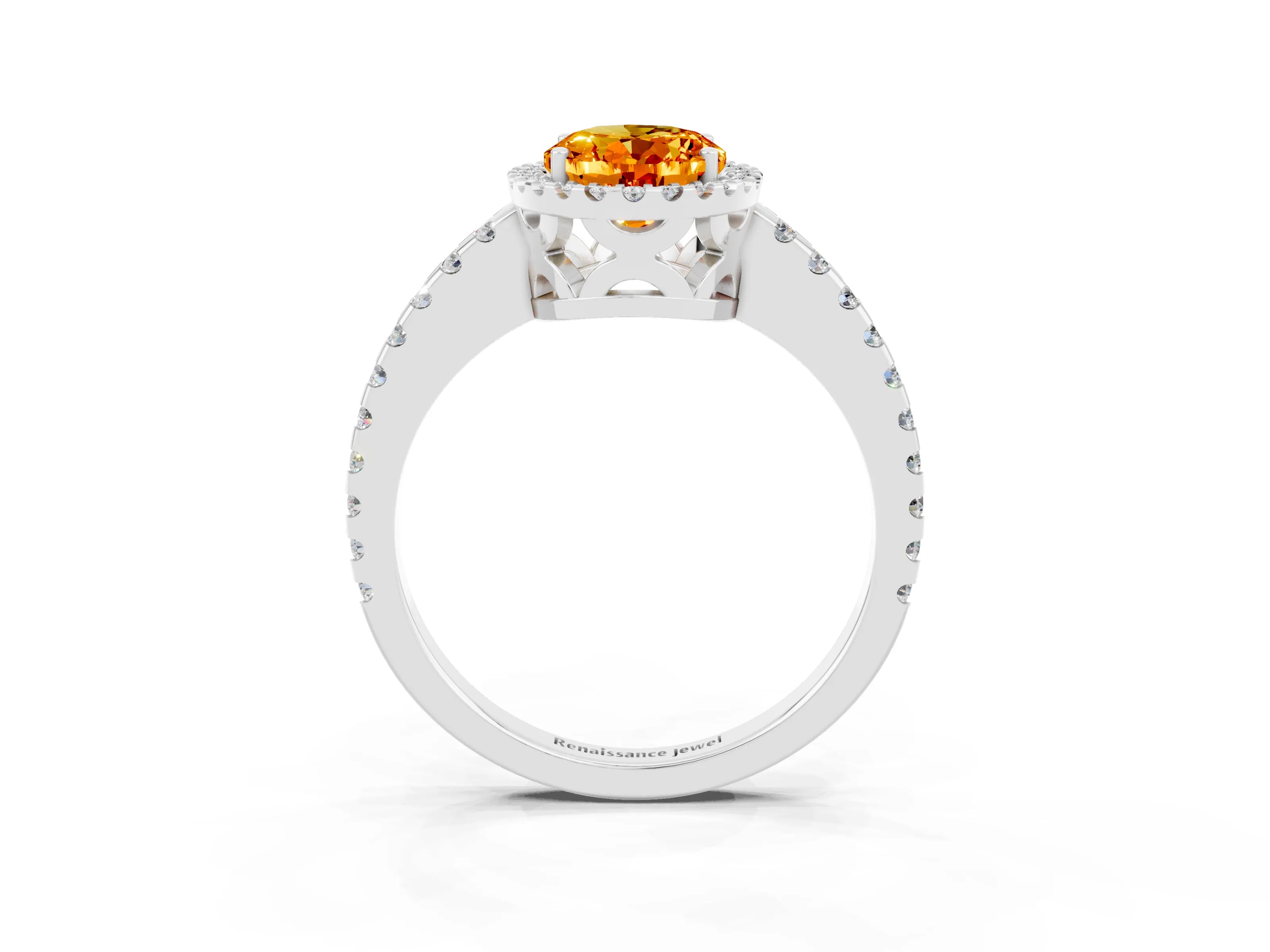 White gold Oval Cut Citrine Halo Engagement Ring with Pavé Band and Prong Setting_15