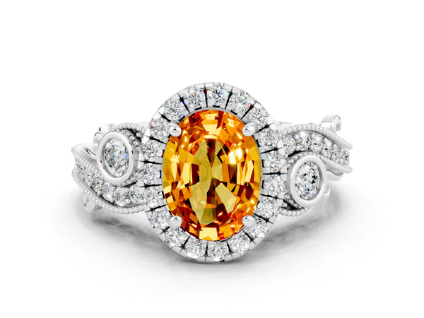 Platinum Oval Cut Citrine Halo Ring with Milgrain Pavé Band and Four-Prong Setting